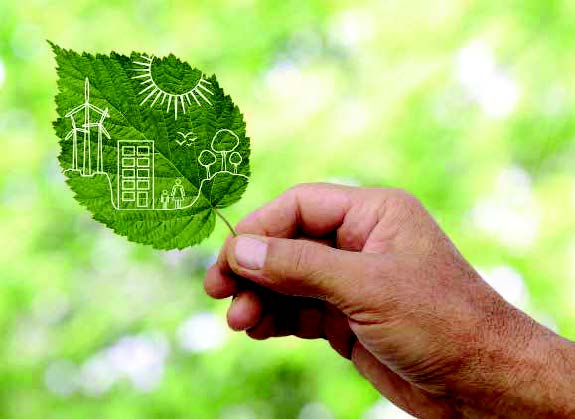 Leaf with illustration of sustainable energy drawn on it being held in a male right hand