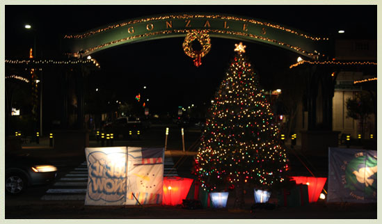 Christmas Tree under the Gonzales Arch at Fourth St