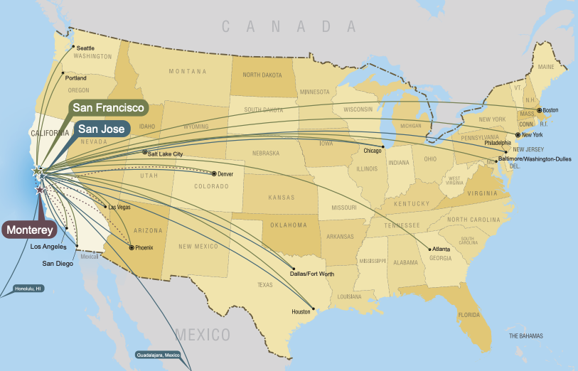 Map showing flights out of airports near Gonzales CA