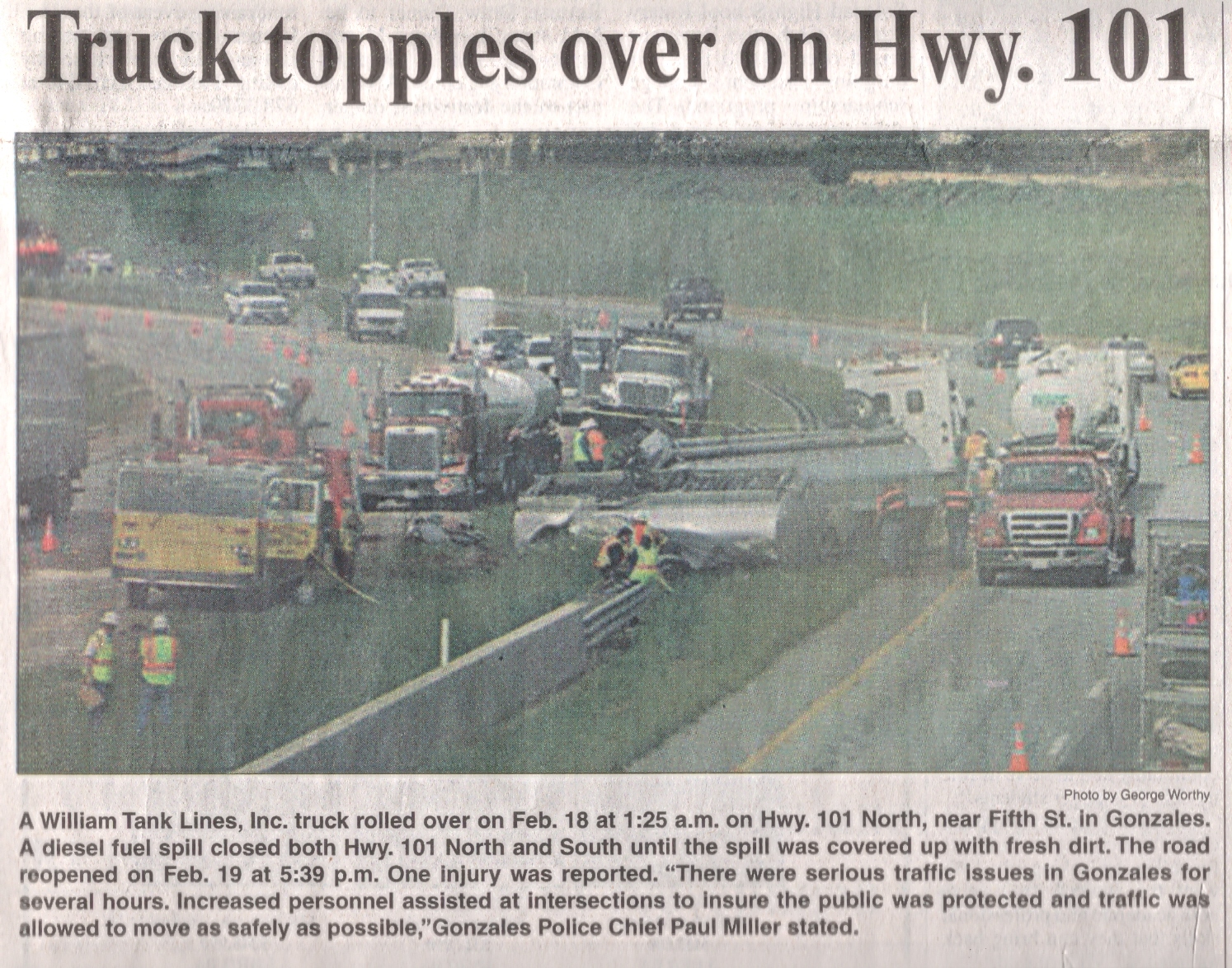 newspaper clipping of a diesel tank truck rolled over on US101 near Fifth St