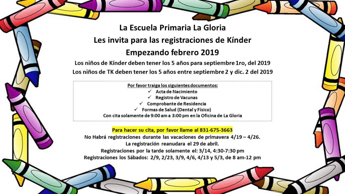 La Gloria Elementary Kindergarten Round-up (Spanish), para hacer su cita, llame al 831-675-3663