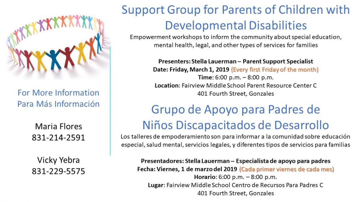 Support Groups for parents of children with developmental disabilities, first Friday of every month, 6pm at FMS
