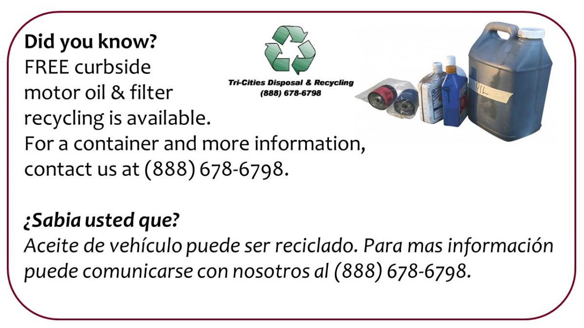 Curbside Oil and Filter Recycling, call 888-678-6798