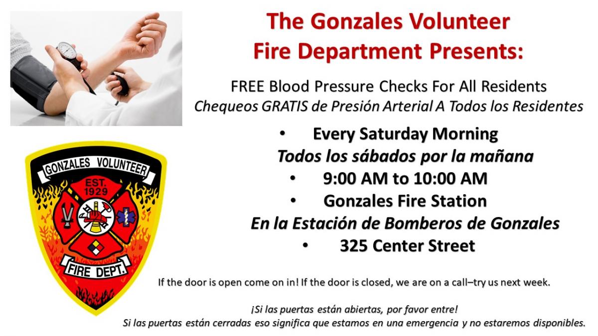 Fire Department Blood Pressure Checks, every Sat., 9-10 am at the Fire Station