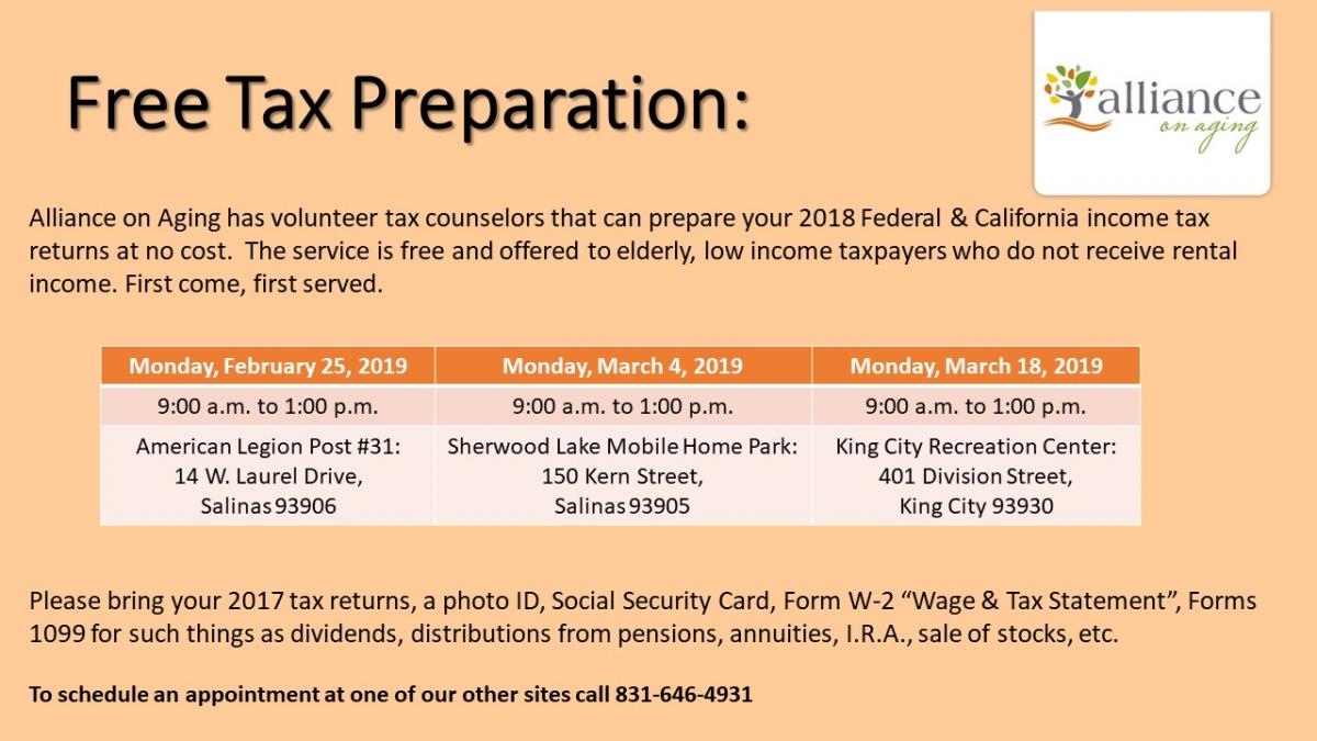 Free Tax Prep, March 18, 9am-1pm, King City Rec Center