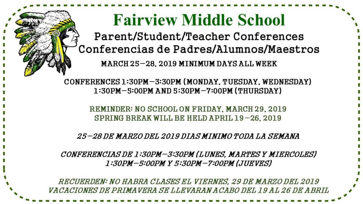 Fairview Middle parent/student/teacher conference are March 25-28