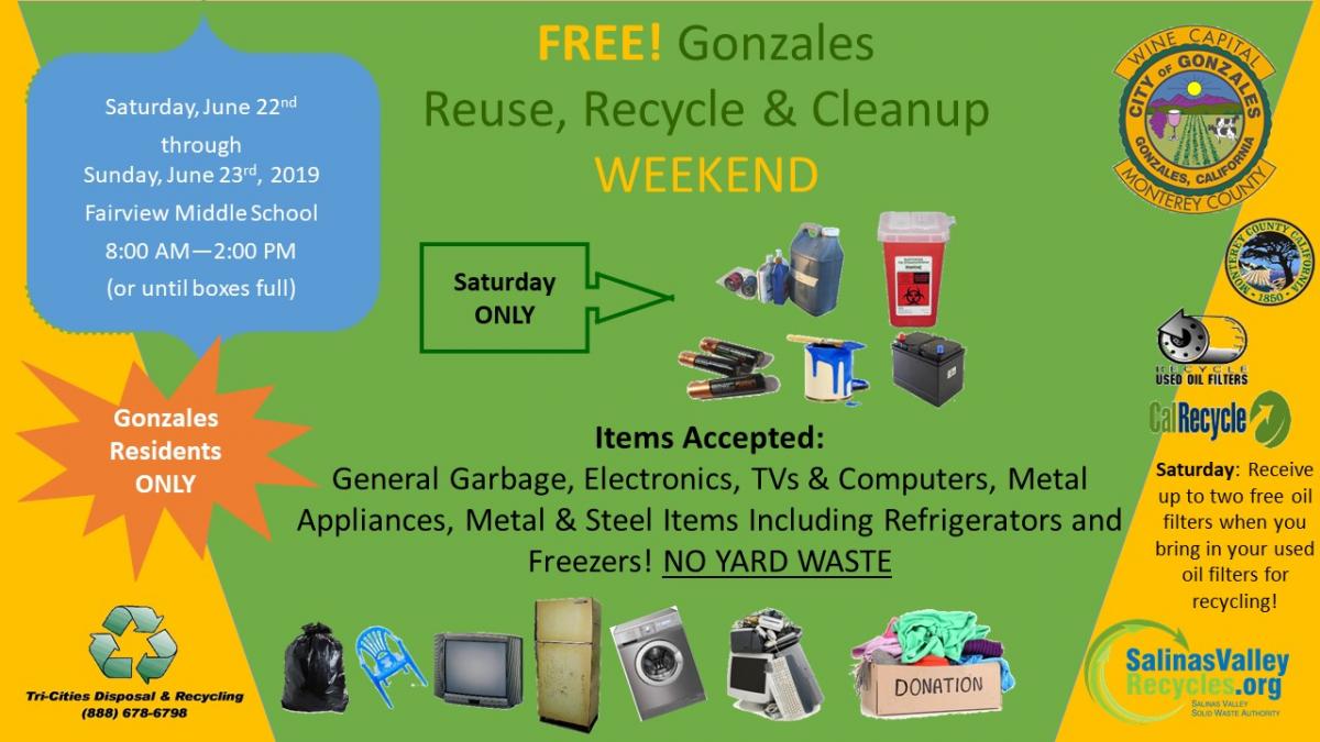 2019 Reuse, Recycle, Cleanup Event 1 Saturday & Sunday, June 22 & 23 Items for disposal