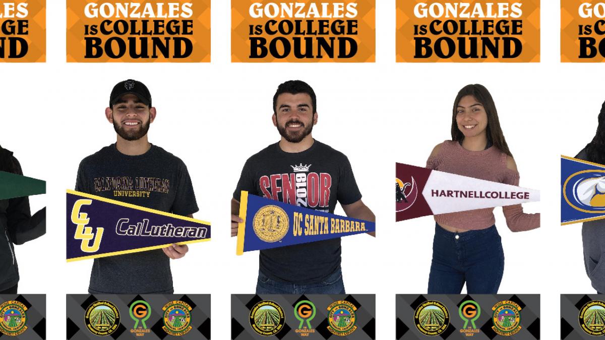 Photo: Gonzales College Bound Students Holding College Pennants City & GUSD Logos