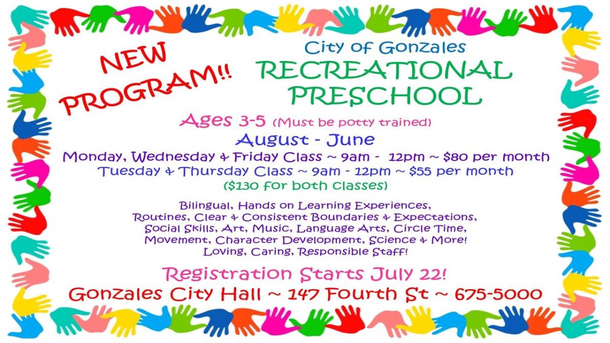 New Program Gonzales Recreational Preschool Ages 3-5 831-675-5000 Photo Children's Hands