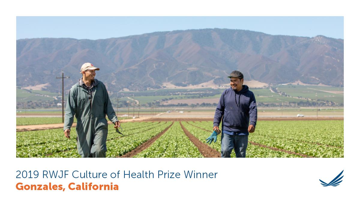 2019 RWJF Prize Announcement Photo: Two laborers in a lettuce field RWJF Logo