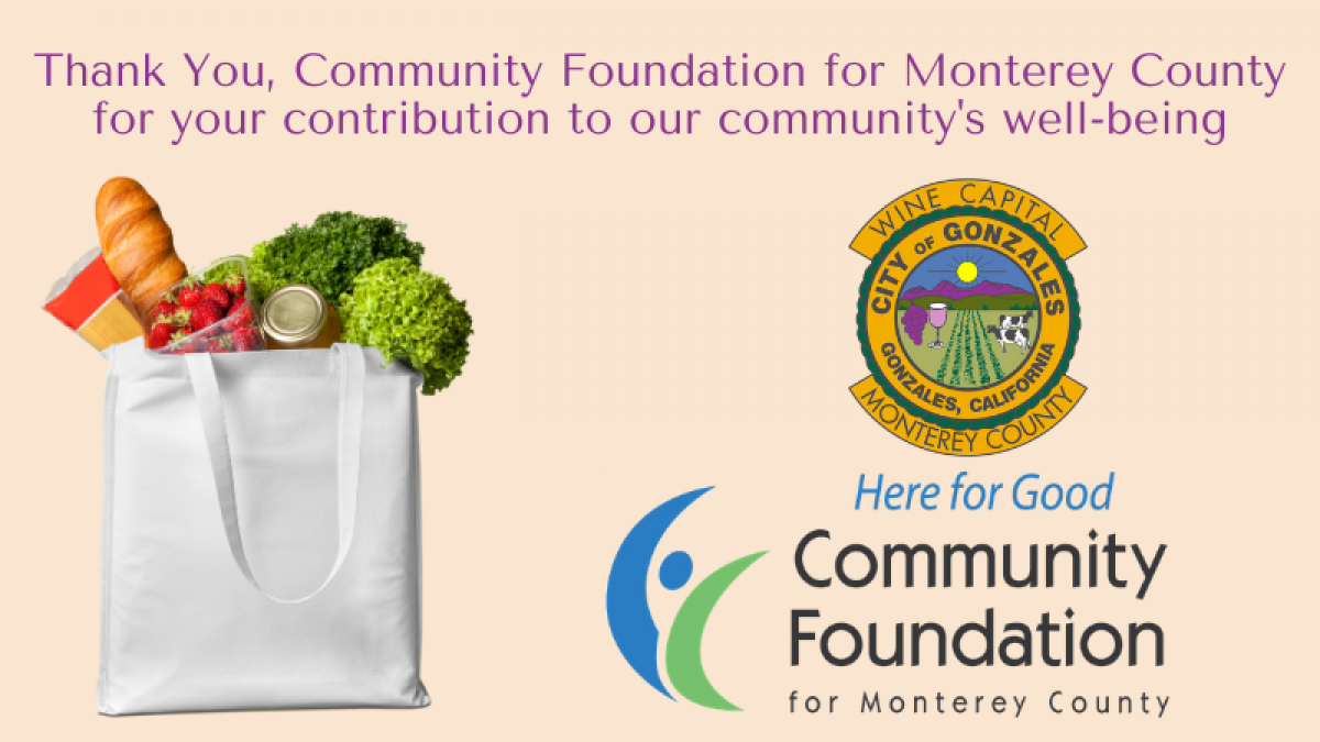2020 Community Foundation Thank You Photos: Bag of Groceries, Community Foundation & City of Gonzales Logos