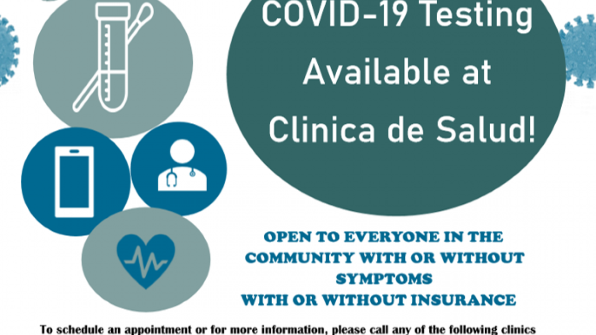2020 COVID Testing Clinica English Graphics: Laboratory vial, person, phone, heart