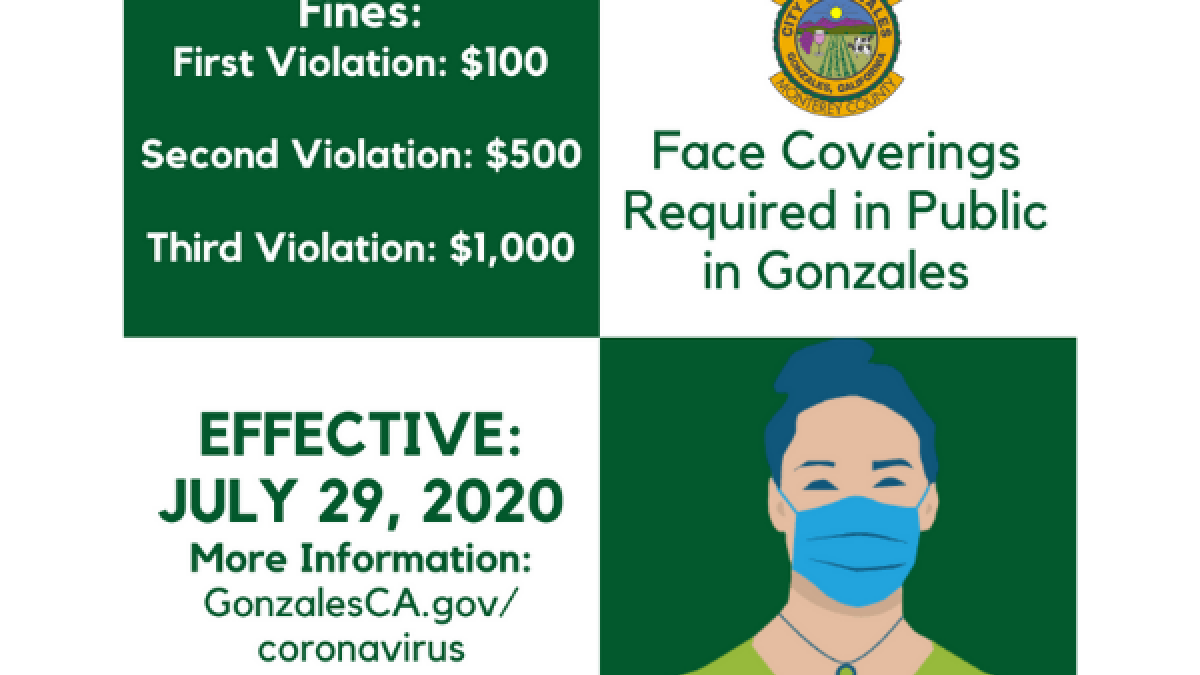 Face Coverings Required in Public; Photos: City of Gonzales Seal, Woman wearing face mask