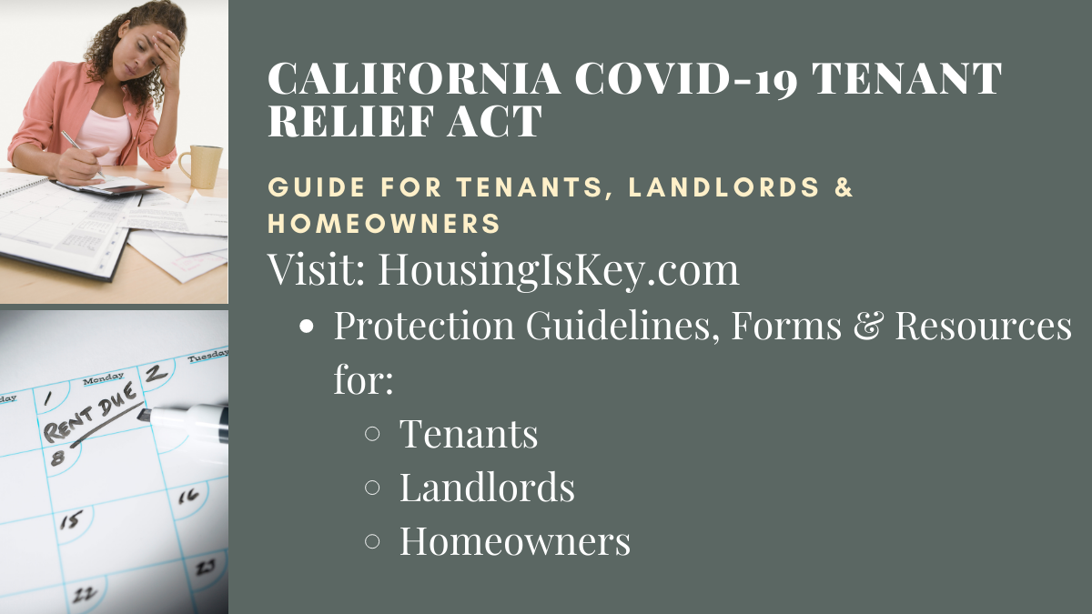2020 COVID-19 Tenant Relief & Resources; Photos: Woman paying bills, calendar with Rent Due