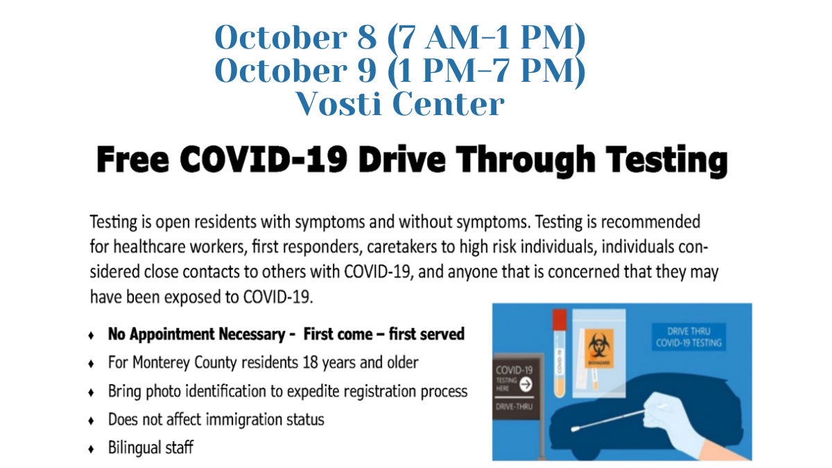 Drive through COVID-19 Testing Oct. 8 & 9, 2020 Vosti Center Photo: Car, COVID testing supplies