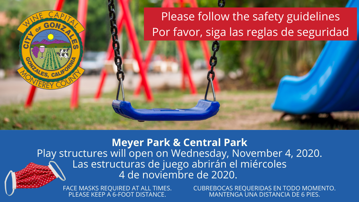 Photo: Meyer & Central Park Reopening; Playground, Facemask, City of Gonzales Seal