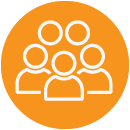orange circle with 5 graphic head-shots representing a group of people